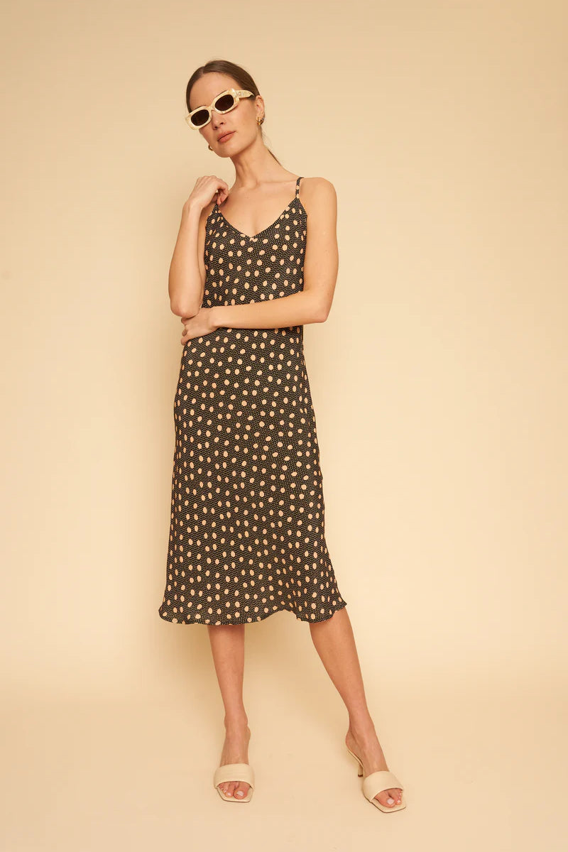 WHIMSY AND ROW SUSTAINABLE DRESSES - Classic Midi Length Black Slip Dress with Adjustable Spaghetti Straps and Neutral Polka Dot Pattern
