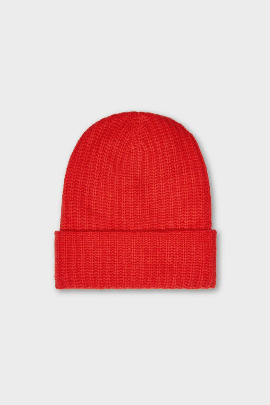 Image of White + Warren Luxe Cashmere Ribbed Beanie in On Trend Cherry Red color on white background _ Responsibly Sourced Ethical Cashmere _ Female Founded Knitwear Brands