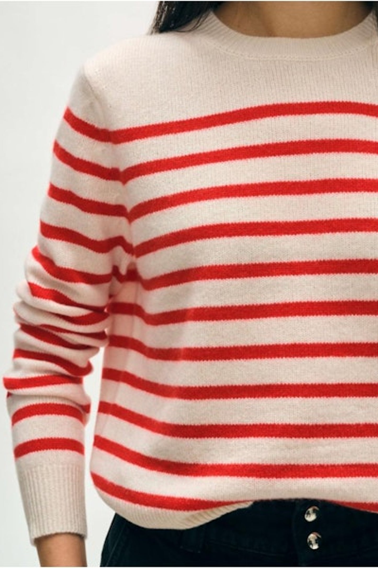 Image of White + Warren Classic Cashmere Crewneck Sweater; natural off-white with dessert red stripes. Ethically made knitwear for women.