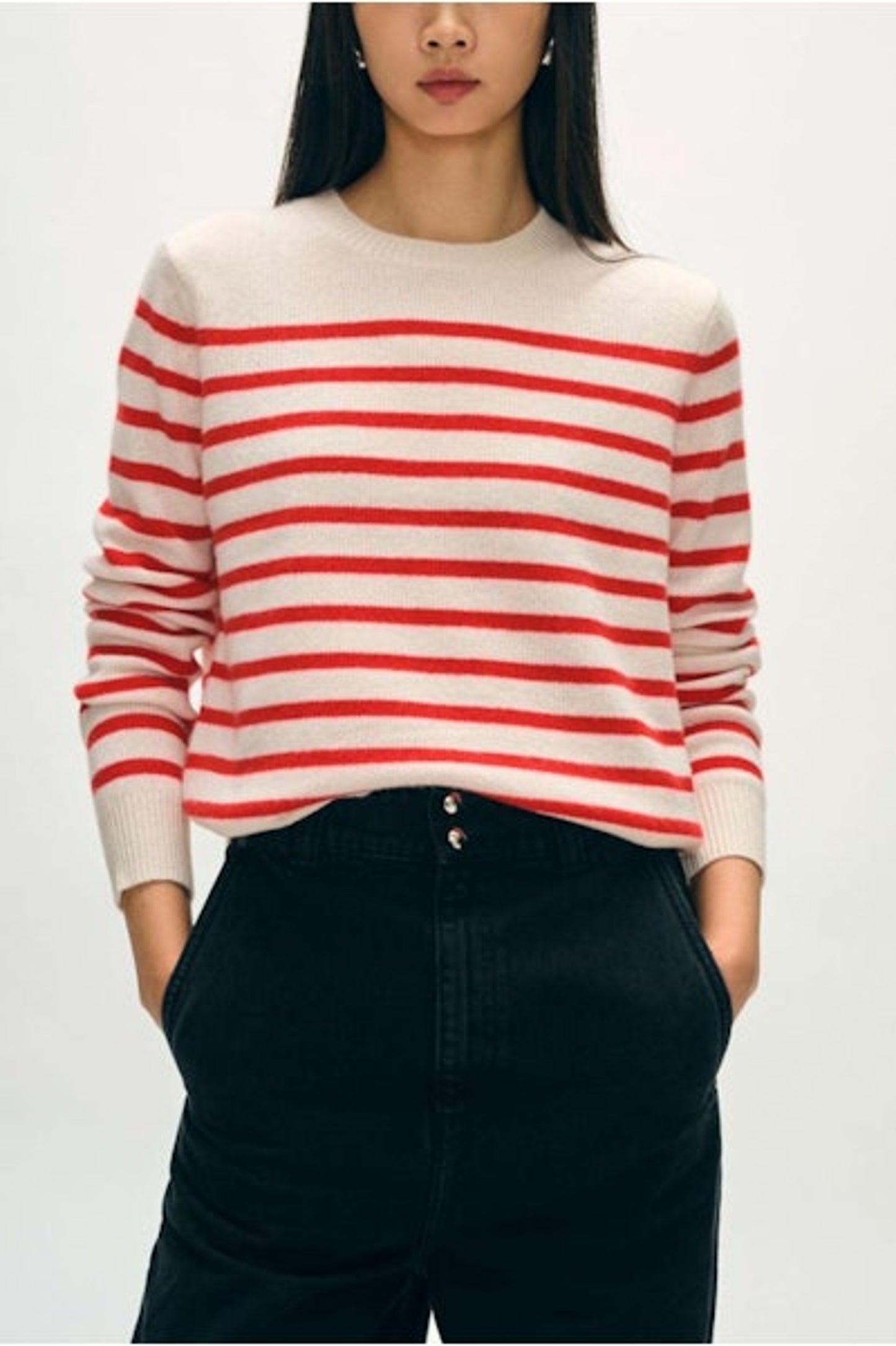 Image of White + Warren Classic Cashmere Crewneck Sweater; natural off-white with dessert red stripes. Ethically made knitwear for women.