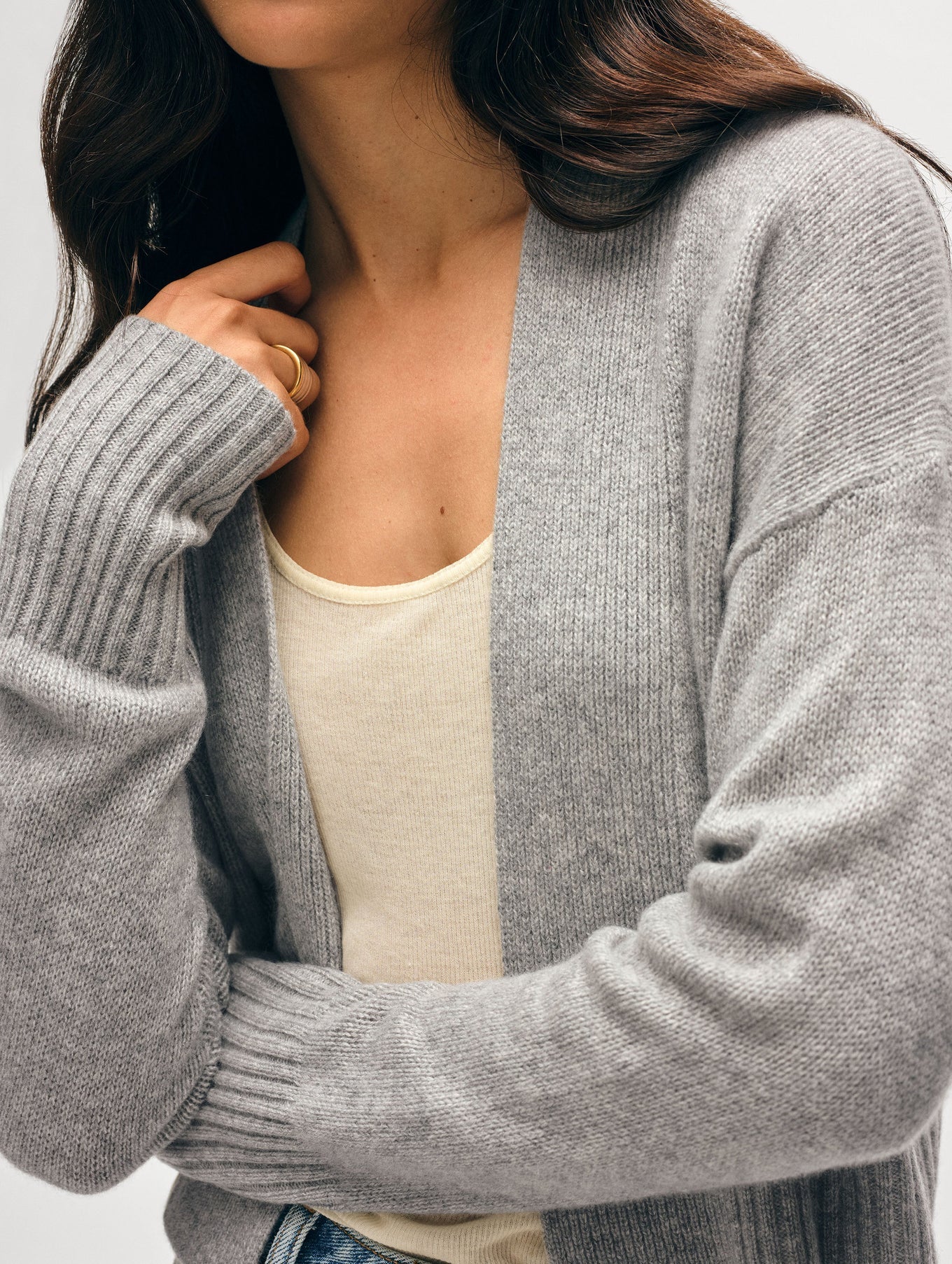 Image of model wearing White + Warren Open Front Cashmere Cardgan in Heather Grey. 