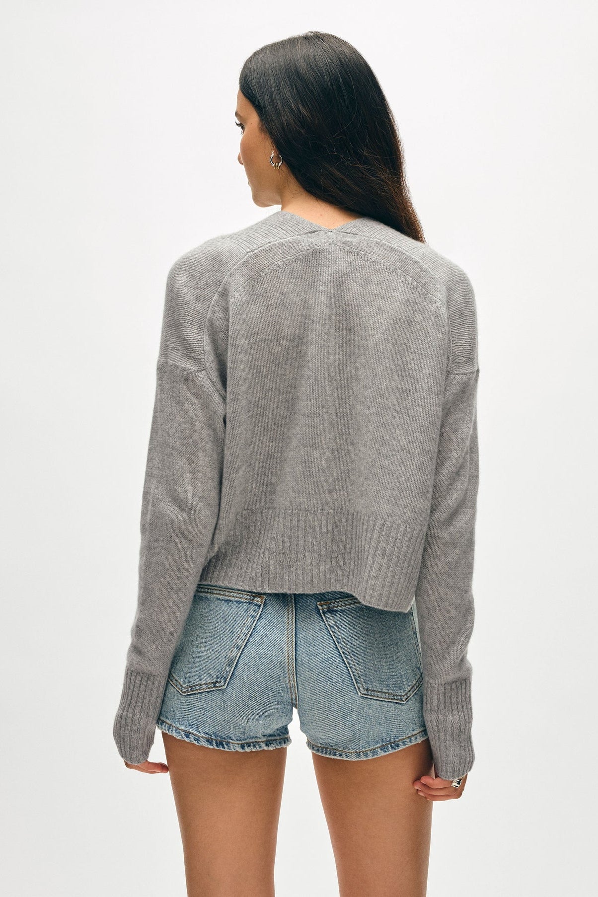 Image of model wearing White + Warren Open Front Cashmere Cardgan in Heather Grey. 