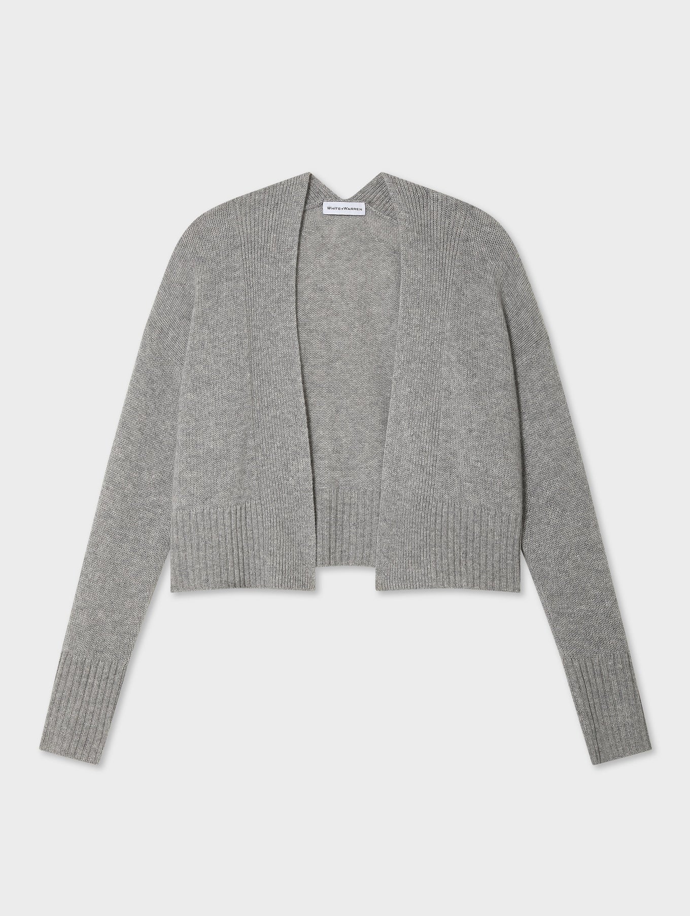 Image of model wearing White + Warren Open Front Cashmere Cardgan in Heather Grey. 