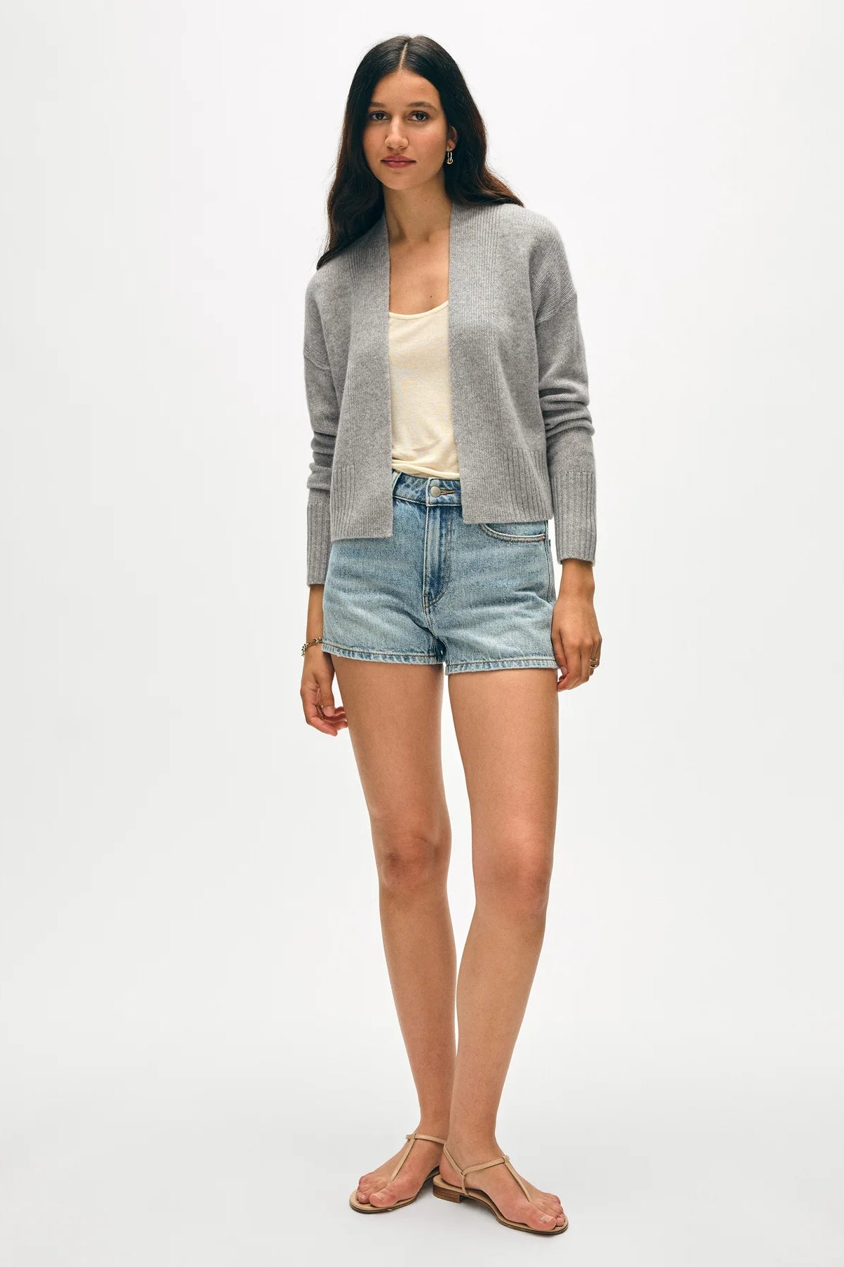 Image of model wearing White + Warren Open Front Cashmere Cardgan in Heather Grey. 