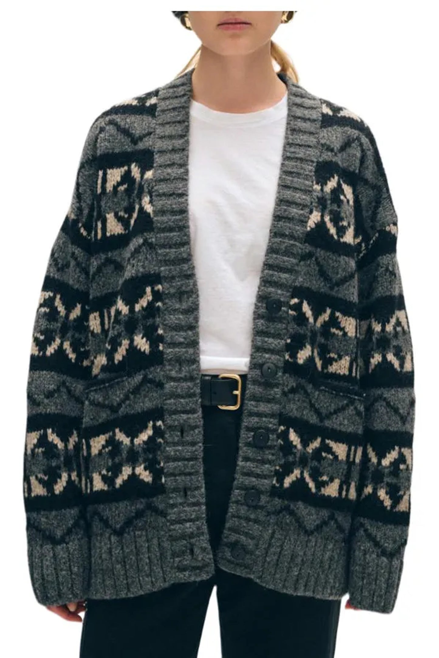 Image of model in White Warren Oversized Fairisle Alpaca Wool Cardigan in Black Grey and Beige Tones _ Eco-Friendly Knitwear Brands _ Women Owned Apparel Brands