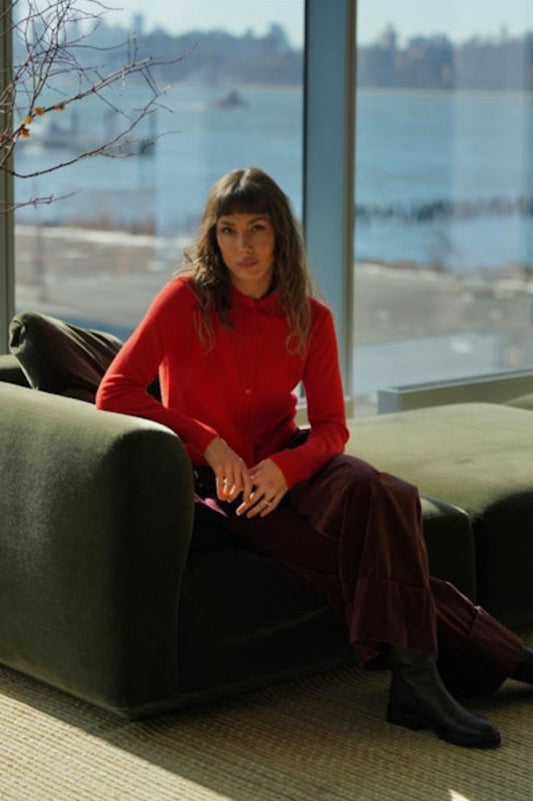 Image of model wearing WHITE AND WARREN Collared Cardigan in French Red Cashmere.