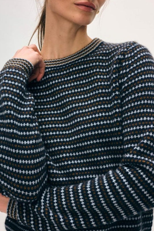 Image of model wearing WHITE AND WARREN Cashmere Textured Stripe Sweater in Navy with Cream, Tan, and Light Blue accents.