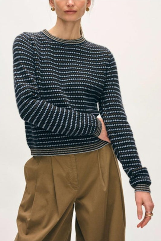 Image of model wearing WHITE AND WARREN Cashmere Textured Stripe Sweater in Navy with Cream, Tan, and Light Blue accents.