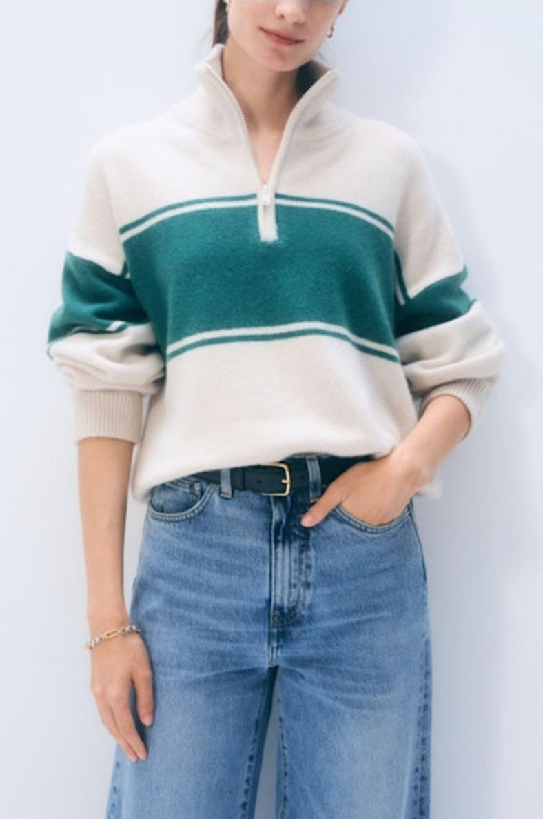 Cashmere-Wool Quarter Zip | Ivory + Ivy Green