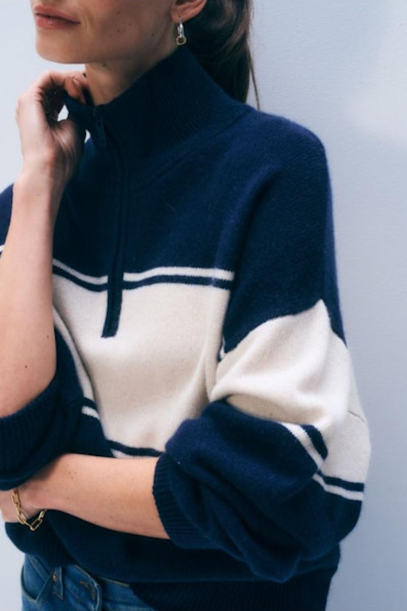 Cashmere-Wool Quarter Zip | Navy + Ivory
