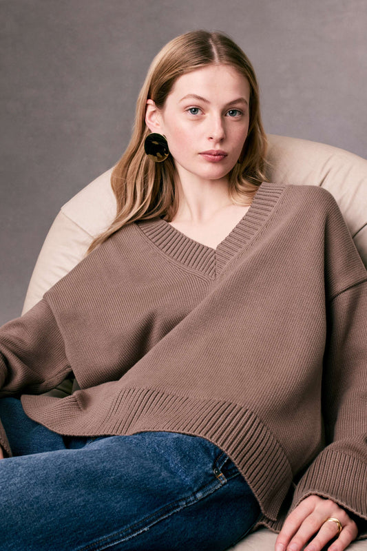 Oversized Cotton Ribbed Trim V-Neck | Mocha Organic