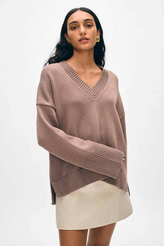 Oversized Cotton Ribbed Trim V-Neck | Mocha Organic