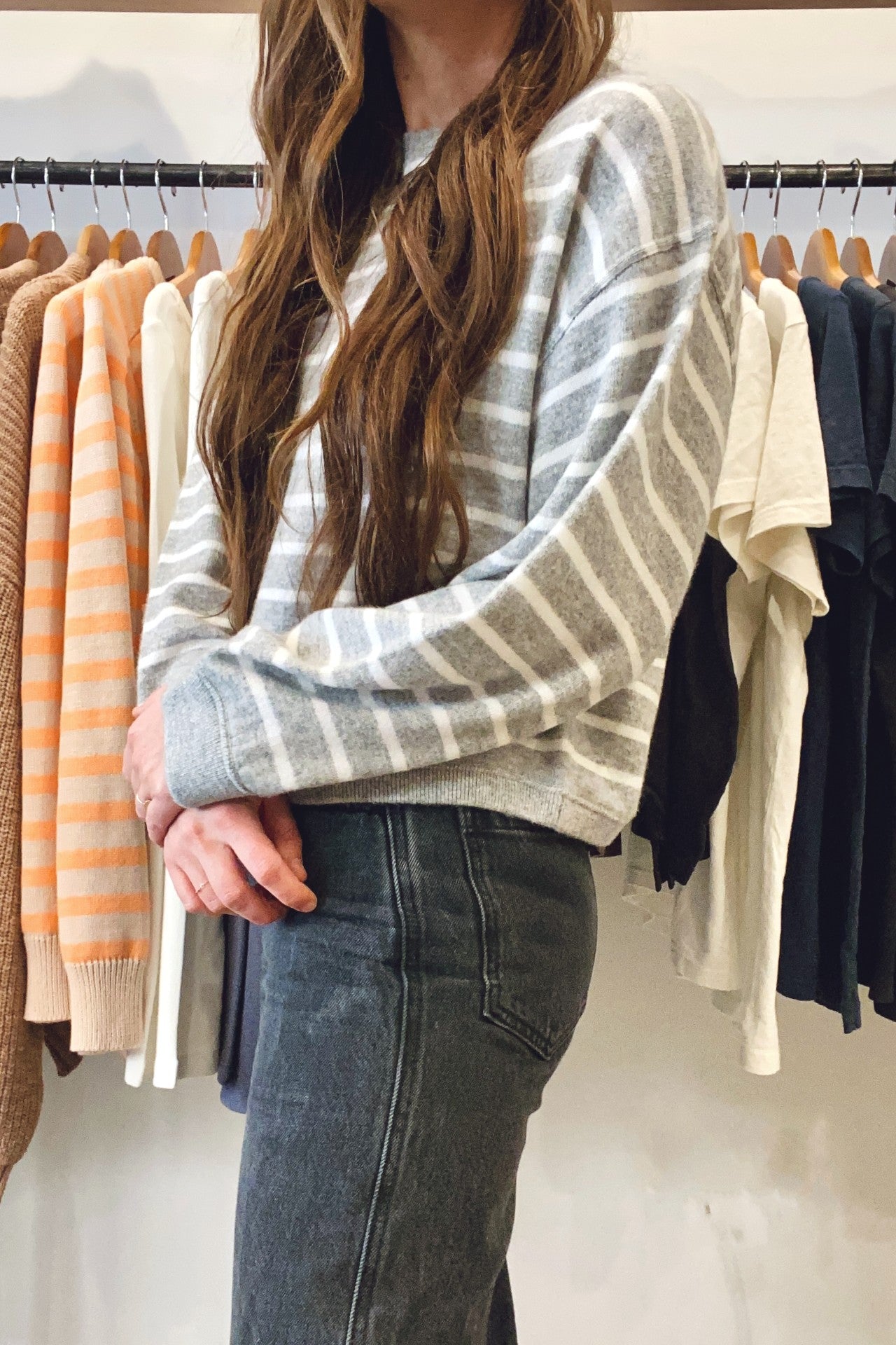 WHITE + WARREN _ Spring Weight Cashmere Drop Shoulder Sweatshirt _ Cropped Length with Heather Grey and Ivory White Stripes