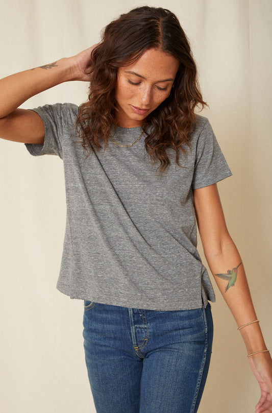 AMO Denim Women's Made in USA Heather Grey Cotton T-Shirt Twist Tee