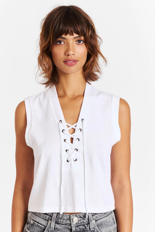 AMO DENIM - Women's Made in USA Basics - Aviva Sleeveless Tank - Lace Up White Cotton - Made in Los Angeles