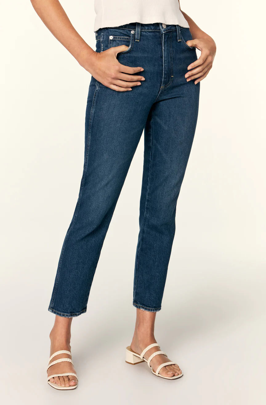 AMO DENIM - Women's Premium Sustainable Denim - Made in USA High Rise Chloe Crop Jeans - Affection Dark Wash - Made in Los Angeles