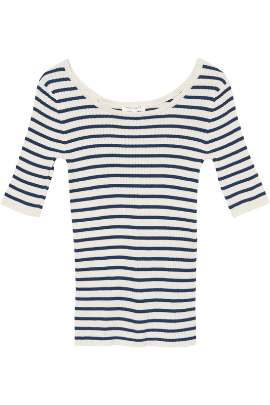 DEMYLEE NY Sweaters - Sustainable Women's Sweatrs - Adelita Ribbed Cotton Scoop Neck Top in Classic French Navy Stripe
