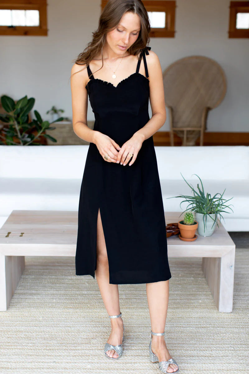 Emerson Fry Women's Made in USA Little Black Midi Dress with Sweetheart Neckline in Sustainable Viscose