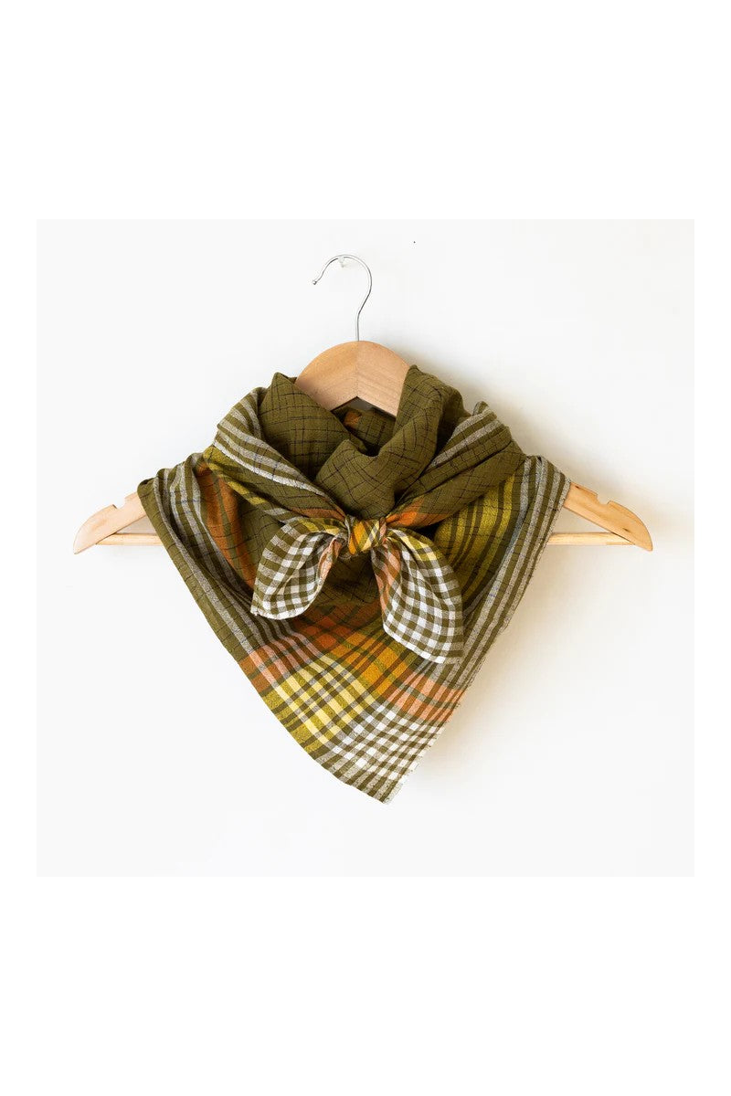 LAST CHANCE TEXTILES Handspun Oversized Bandana Scarf in Cotton Green and Brown Grid Print