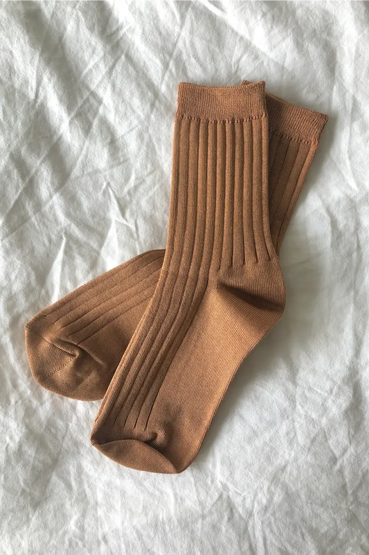 LE BON SHOPPE HER COTTON SOCKS - Women's Slow Fashion Accessories - Ribbed Mercerized Cotton Trouser Socks in "Peanut Butter" Brown