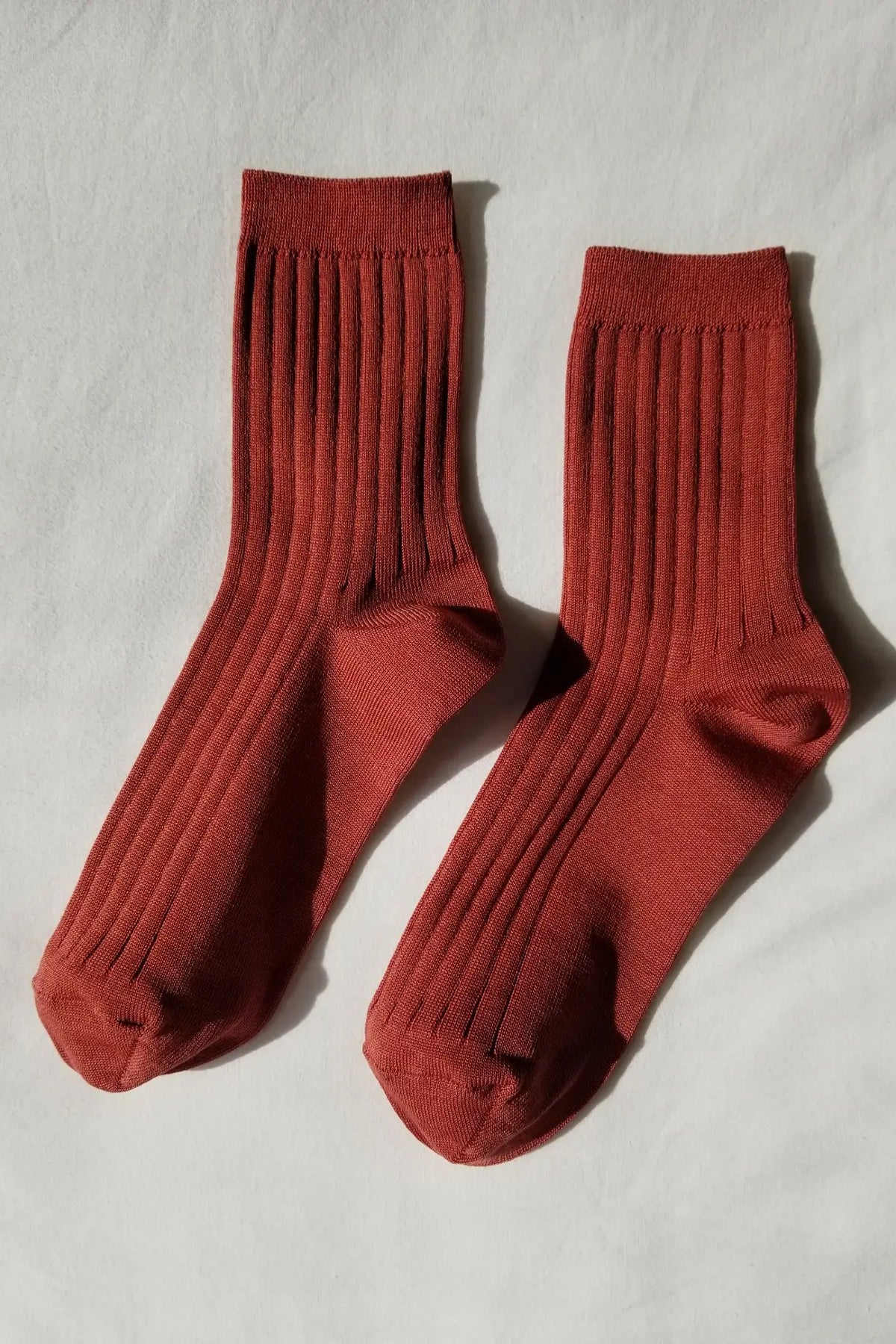 LE BON SHOPPE HER COTTON SOCKS - Women's Slow Fashion Accessories - Ribbed Mercerized Cotton Trouser Socks in "Terracotta" Red