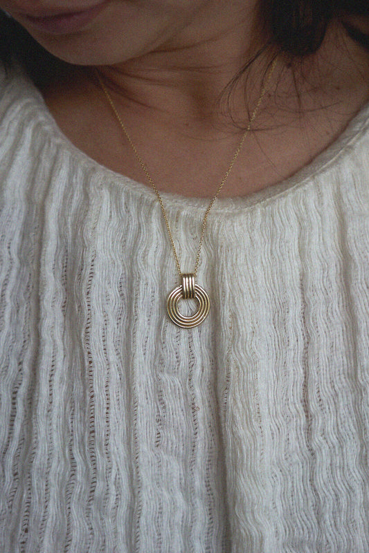 ODETTE NY Sustainable Handmade Jewelry - Upcycled Brass Helios Pendant Necklace - Recycled Brass Circular Pendant on 18" Goldfill Chain - Made in USA