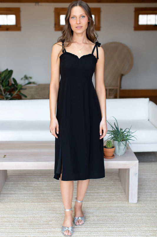 Emerson Fry Women's Made in USA Little Black Midi Dress with Sweetheart Neckline in Sustainable Viscose