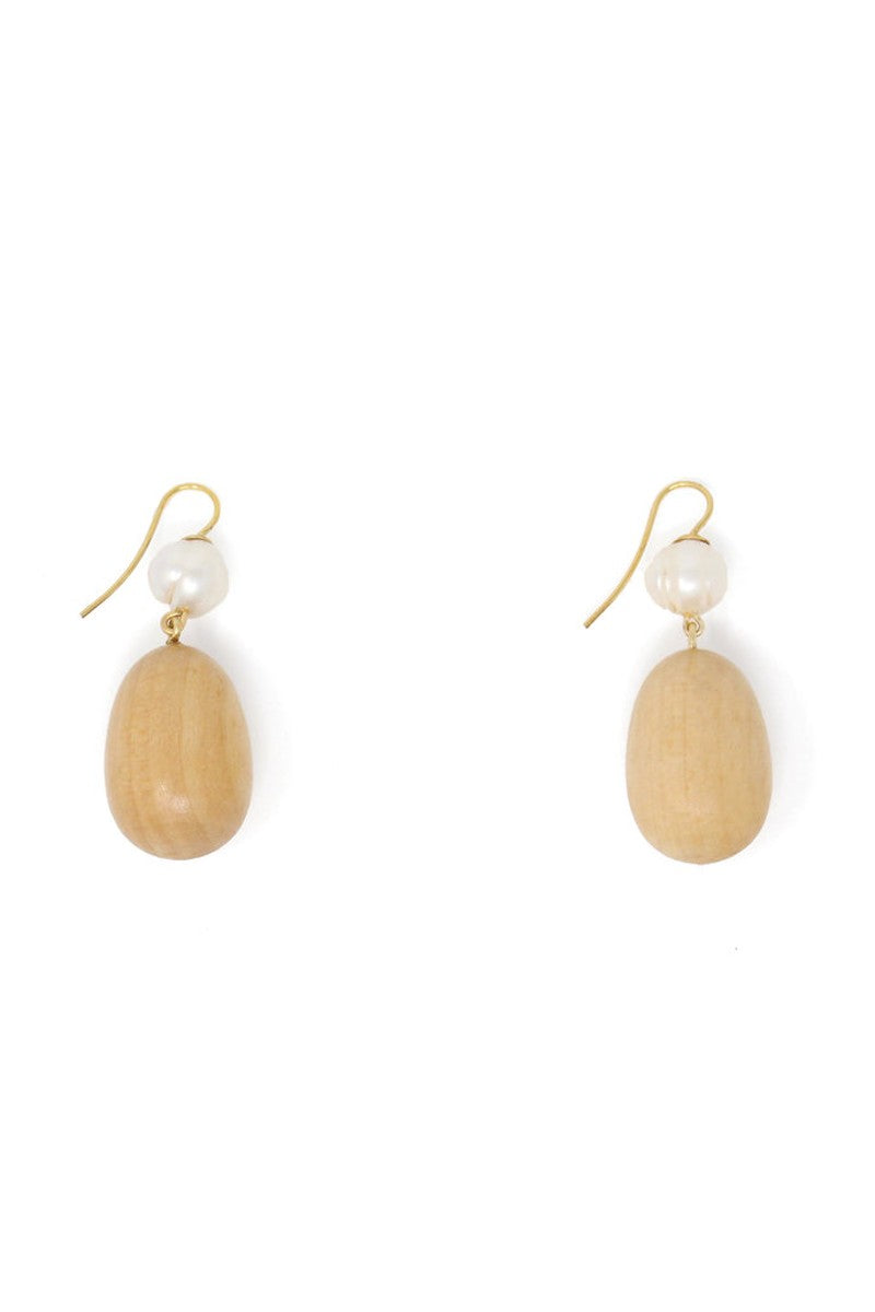 Sophie Monet Natural Reclaimed Sustainable Maple Woodand Freshwater Pearl Egg Drop Earrings