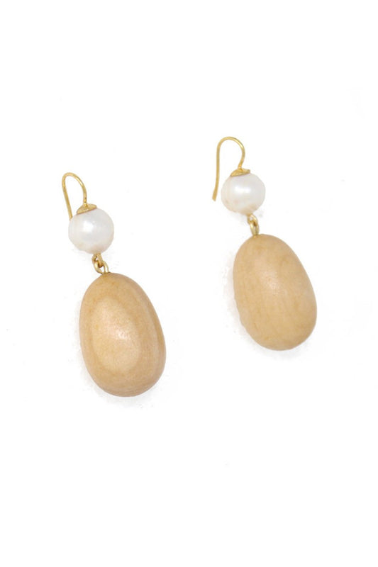 Sophie Monet Natural Reclaimed Sustainable Maple Woodand Freshwater Pearl Egg Drop Earrings
